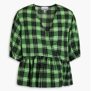 GANNI Green & Black Checked Seersucker Puff Short Sleeve Blouse - XXXL (DE 50)
